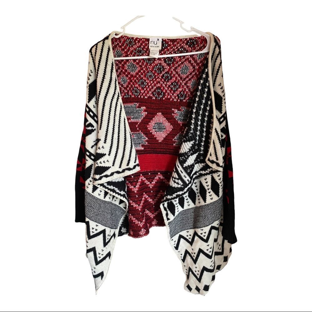 Red Draped Collar Geo Tribal Pattern Open Cardigan